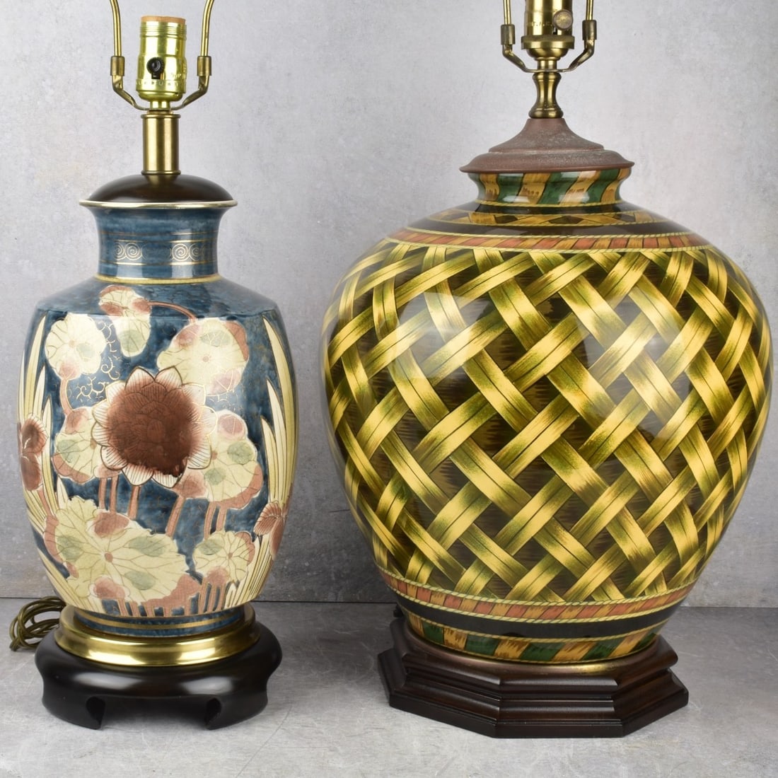 Porcelain Lamps: Two (2) Porcelain Lamps. Largest porcelain measures: 15" high, 12" diameter. Kodner Galleries offers phone and absentee bidding at a low, flat 21% buyer’s premium without surcharge or hidden fees. F