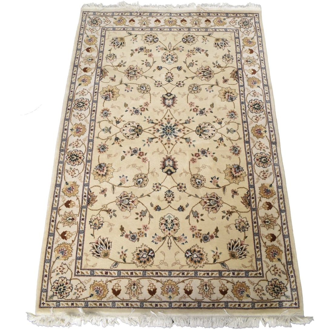 Wool Rug with Fringe Ends: Wool Rug with Fringe Ends. Measures 70" long, 47" wide. Kodner Galleries offers phone and absentee bidding at a low, flat 21% buyer’s premium without surcharge or hidden fees. For information, pleas
