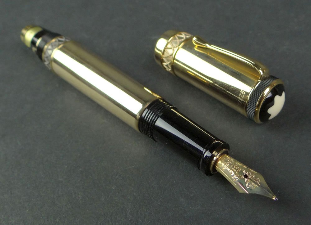 New in Box German Montblanc Meisterstuck Circa 1999 Han: New in Box German Montblanc Meisterstuck Circa 1999 Handmade Limited Edition "Hommage a Friedrich II the Great" Patron of the Arts Series 4810 Gold Plated Barrel Fountain Pen with Retractable 18 Karat