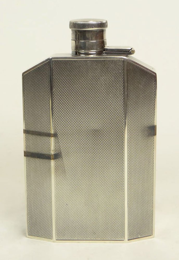 George VI Birmingham, England Sterling Silver Flask, To: George VI Birmingham, England Sterling Silver Flask, Top with Locking Mechanism. Circa 1939. Signed Two (2) Separate Places, Maker William Adams Ltd. Ding to Front or else Very Good Condition. Measure