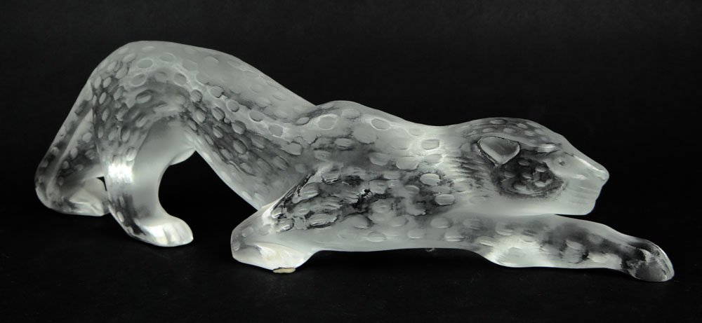 Vintage Lalique Frosted and Clear Crystal Panther. Etch: Vintage Lalique Frosted and Clear Crystal Panther. Etched Signature. Good to Very Good Condition. Measures 4-1/4 Inches Tall and 14-1/2 Inches Long. Shipping $48.00