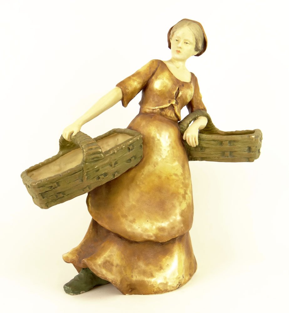 Circa 1901 Austrian Amphora Pottery Figure "Woman with: Circa 1901 Austrian Amphora Pottery Figure "Woman with Baskets". Artist Signed W. Tamner (?) and Dated 1901, Impressed Marks and Numbers to Base. Small Chips and Losses at Base. Measures 16-1/2 Inches