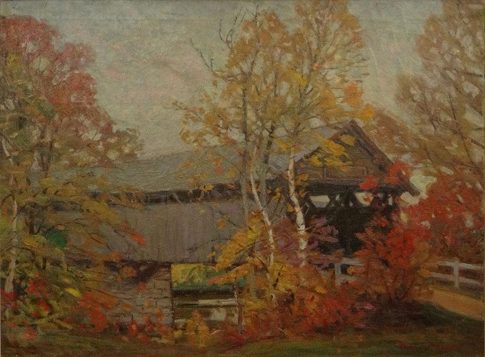 Robert Emmett Owen American-New York/Connecticut (1878-: Robert Emmett Owen American-New York/Connecticut (1878-1957) Oil on Canvas “The Covered Bridge” Signed Lower Right. Good to Very Good Condition. Measures 28-3/8 Inches by 38 Inches Wide, Frame Mea