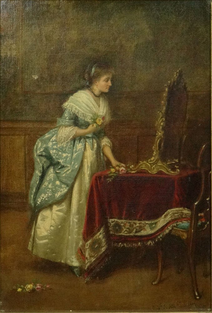 19th Century Continental School Oil on Canvas "Lady wit: 19th Century Continental School Oil on Canvas "Lady with Flowers". Illegibly Signed Lower Right, appears to be Aug. Dire Lanity or something similar. Small Abrasion and Hole Upper left Otherwise Good 