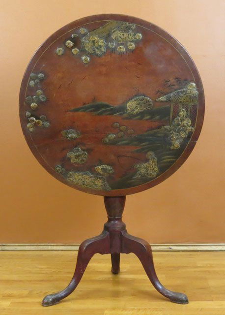 Circa 1750 English Chinoiserie Lacquer Tilt-top Table.: Circa 1750 English Chinoiserie Lacquer Tilt-top Table. Unsigned. Rubbing to Surfaces, Restorations, Warping to Top, Otherwise Good Antique Condition. Measures 28 Inches Tall and 27-3/4 Inches Wide. Pr