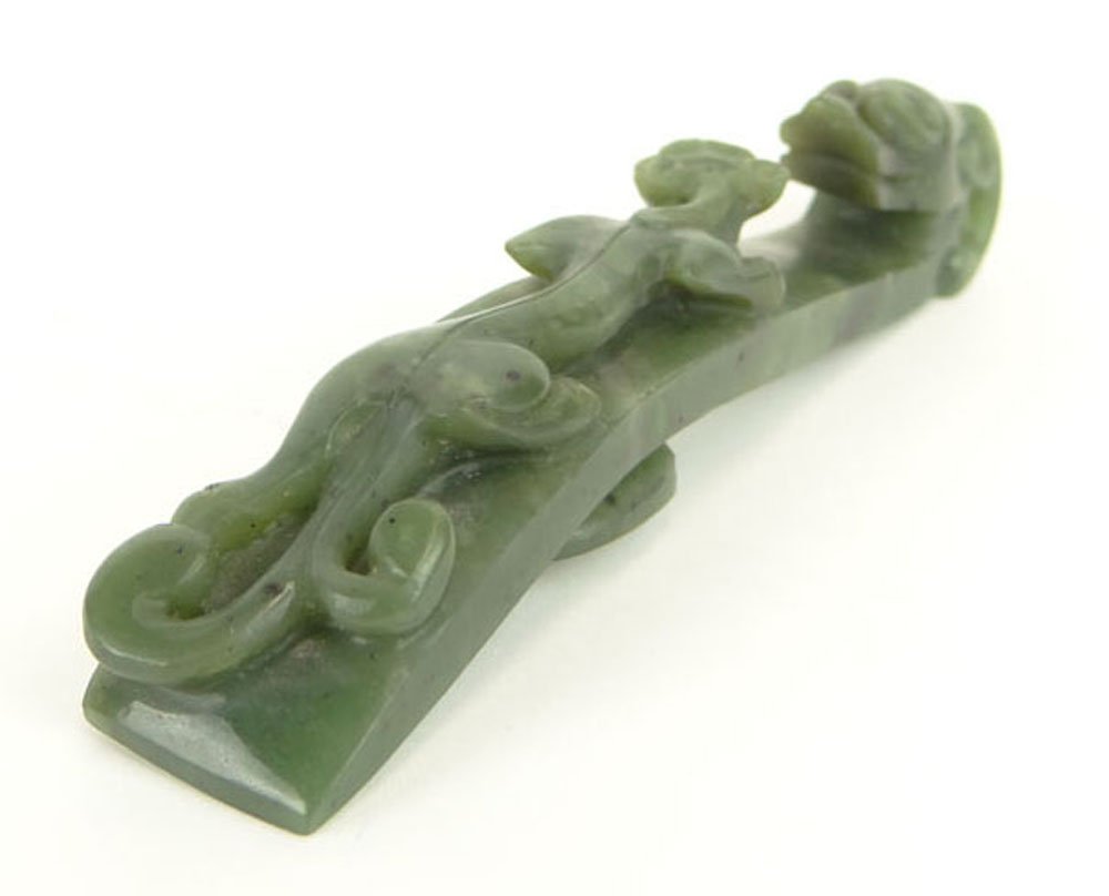 Chinese Carved Spinach Jade Belt Hook with Dragon Head: Chinese Carved Spinach Jade Belt Hook with Dragon Head and Chilong. Unsigned. Good Condition or Better. Measures 4-3/4 Inches Long and 7/8 Inches Wide. Shipping $28.00