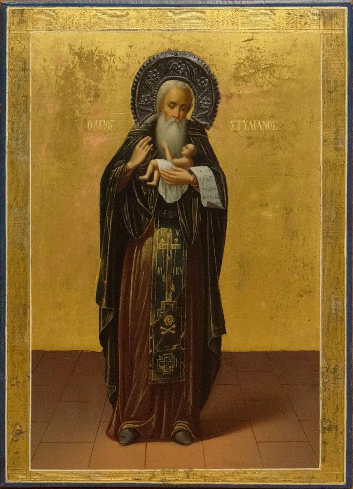 20th Century Greek Icon "St Joseph with Christ Child" (: 20th Century Greek Icon "St Joseph with Christ Child" (?) on Cradled Panel. Signed. Rubbing and Minor Losses to Surface Otherwise Good Condition. Measures 16 Inches Tall and 11-1/2 Inches Wide. Shippi