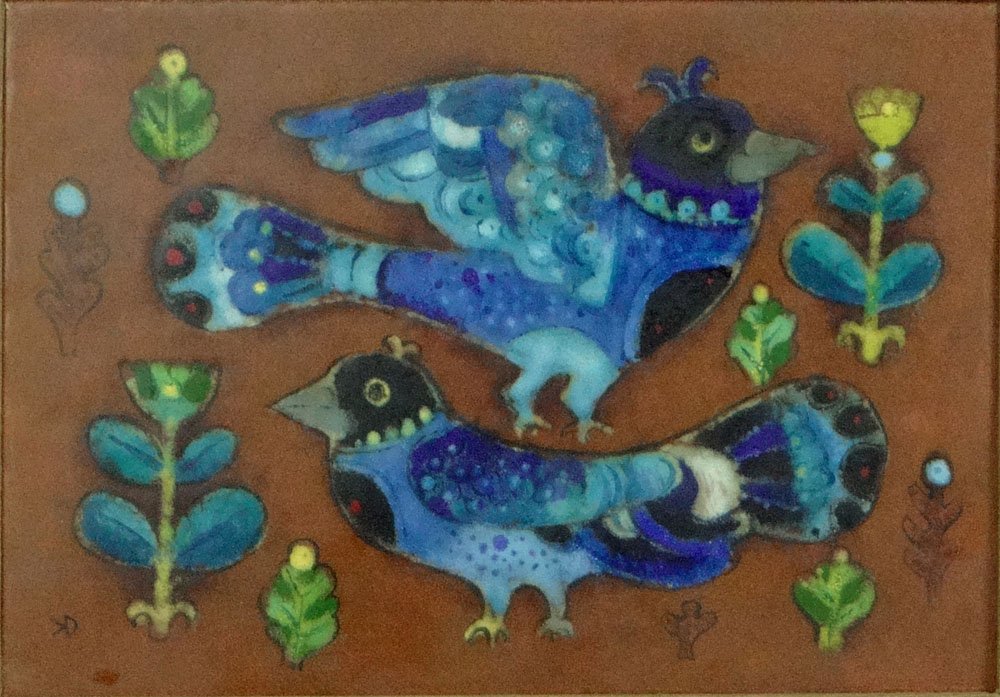 Karl Drerup German-American-New Hampshire/New York (190: Karl Drerup German-American-New Hampshire/New York (1904-2000) Enamel on Copper Plaque "Birds" Signed Monogram Lower Left. Good to Very Good Condition. Measures 7 Inches by 9-1/2 Inches (sight) Frame