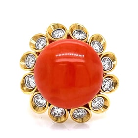 Coral, Diamond and 18K Ring