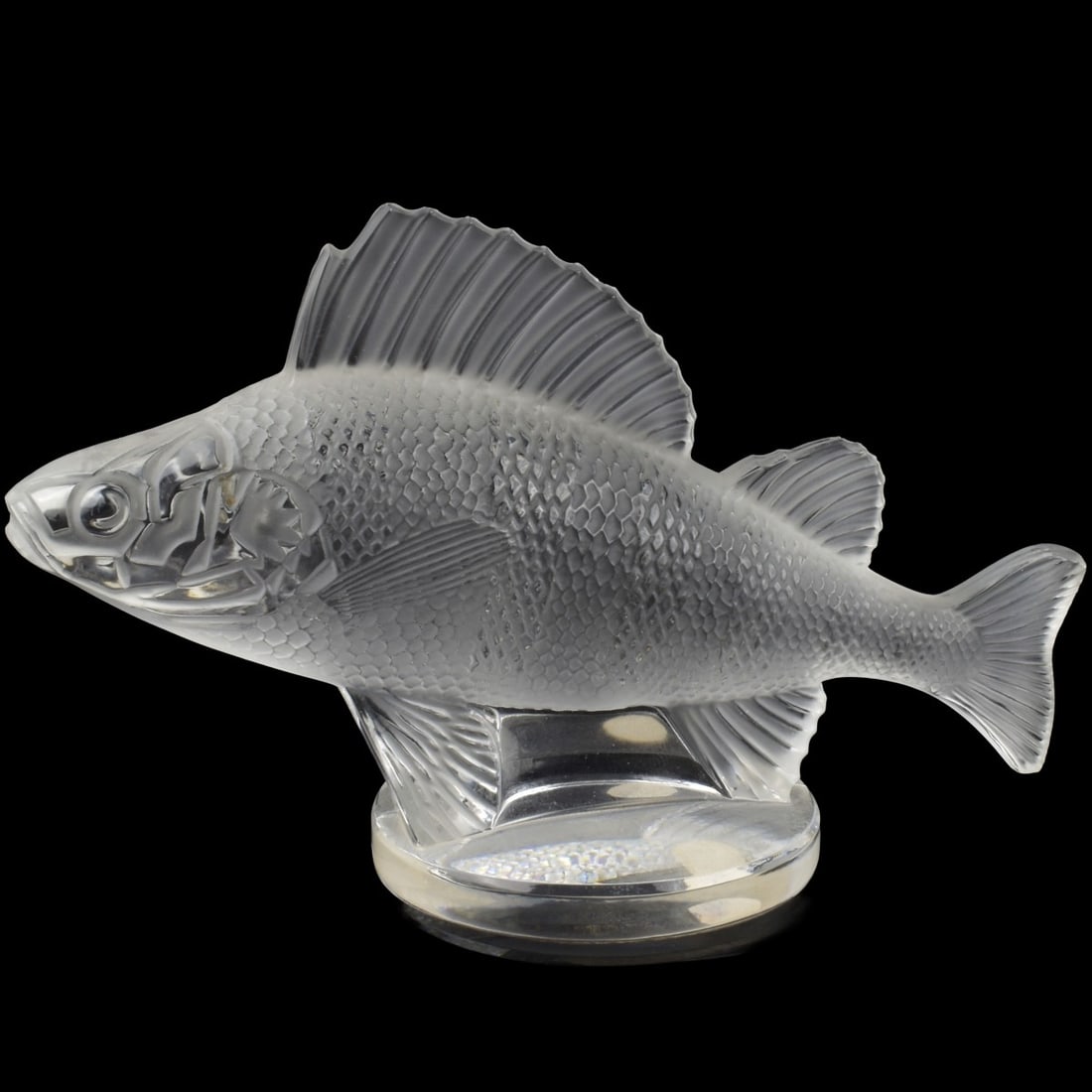 Lalique France "Perche" Fish: Lalique France Frosted Crystal "Perche" Fish Figural Paperweight. Signed "Lalique France" in script to the bottom. Measures: 4" high, 6-1/4" wide, 1-1/8" deep. Kodner Galleries offers phone and absent