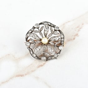Diamond, Pearl, 14K Gold and Silver Pin