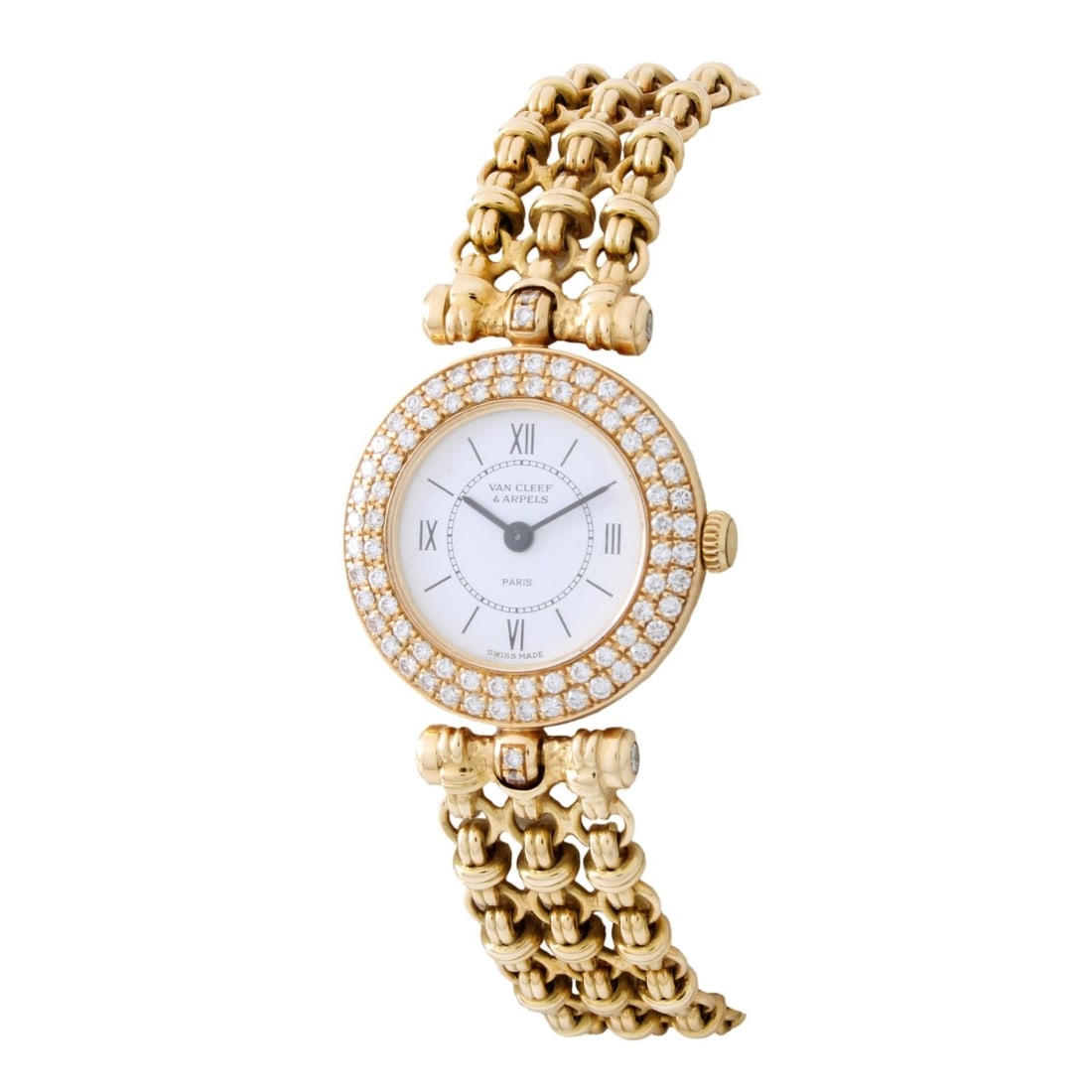 VCA Diamond and 18K Watch: Van Cleef & Arpels Diamond and 18K Watch From the LA Collection 21mm RBC .88ctw F-G VS. Bezel with staggered double round brilliant cut diamonds. Stamped 18K. Length including lug: 28mm, Width: et len