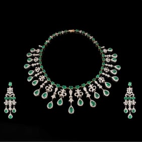 Emerald, Diamond and 14K Necklace Suite