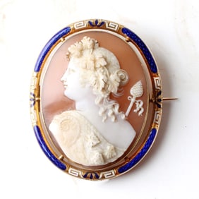 Shell, Enamel and 14K Cameo Brooch