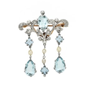 Aquamarine, Diamond, Pearl and 14K Pendant