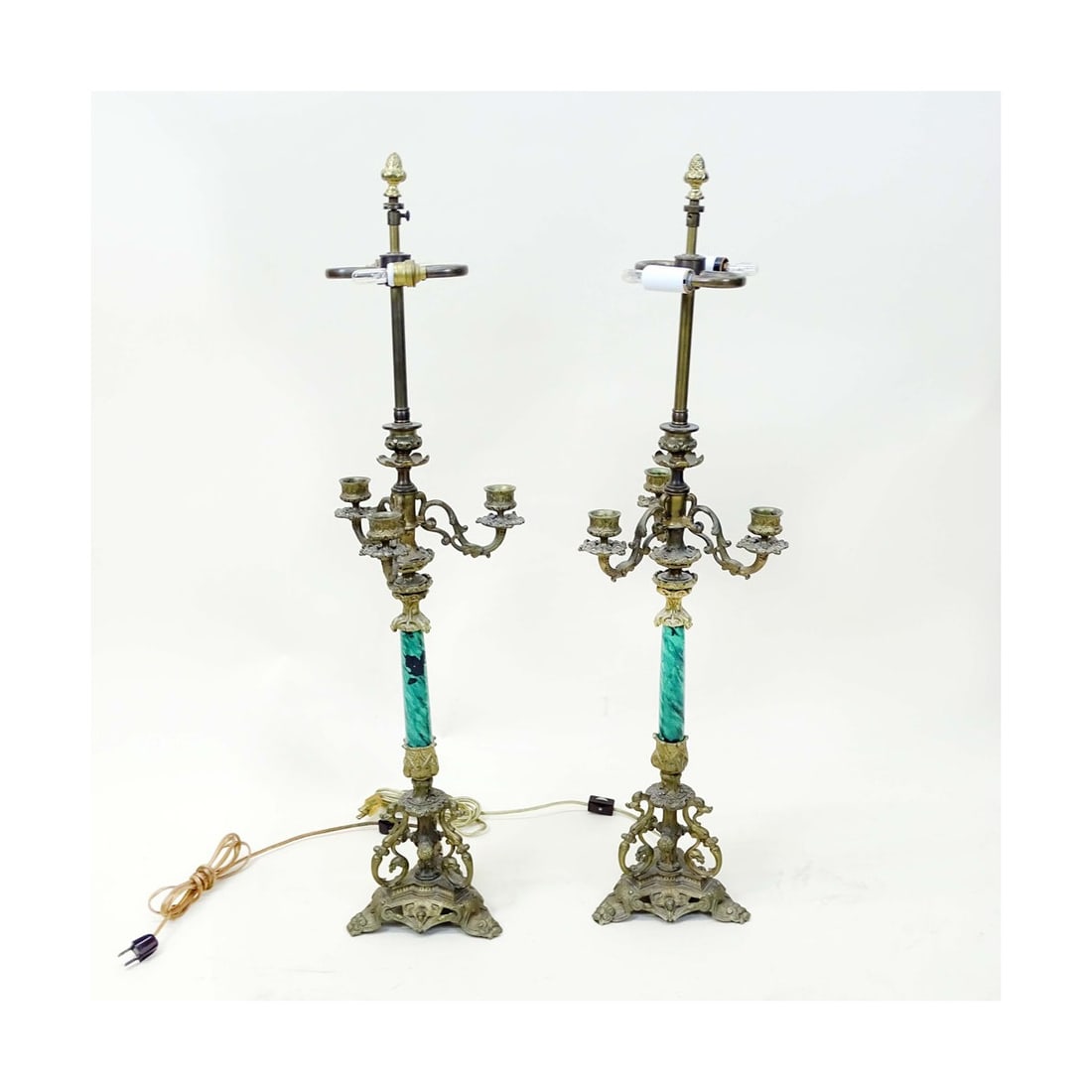 Pair Mid-Century Bronze Candelabra Lamps: Pair Mid-Century Bronze 3 Arm Candelabra with Hand Painted Faux Malachite decorated bases as Lamps. Unsigned. Measures 20-1/4" to top of candelabra, 30" to top of finial. Kodner Galleries offers phone