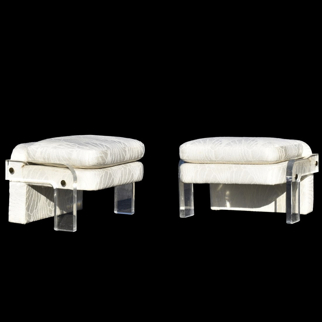 Vladimir Kagan Lucite Chairs: Pair of Vintage Vladimir Kagan Lucite Chairs. Measures: 30" wide, 12" high, 22" deep. Kodner Galleries offers phone and absentee bidding at a low, flat 21% buyer’s premium without surcharge or hidde