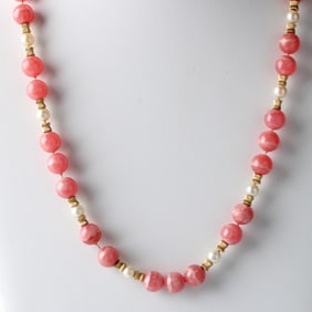 Rhodochrosite, Pearl and 14K Necklace