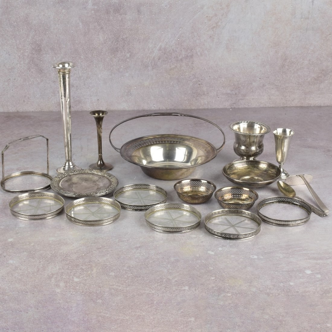 Assorted Sterling Silver Pieces: Lot of Assorted Sterling Silver Pieces. Some monogrammed. Total approximated gross weight without coasters: 11.72 troy ounces, child pusher 800 silver weighs approximate: .81 troy ounces. Kodner Galle