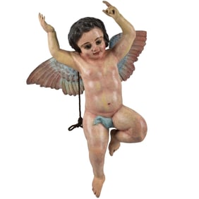 19th/20th C Carved and Painted Wood Cherub