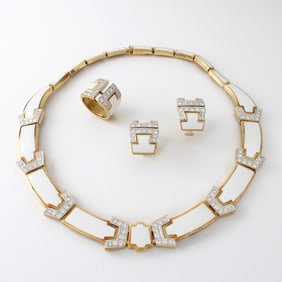 Diamond, Enamel and 18K Jewelry Suite