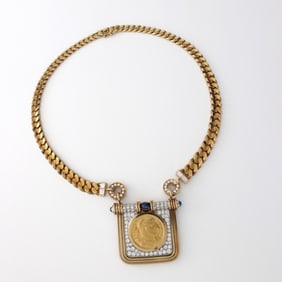 Gold Coin, Diamond and 18K Necklace
