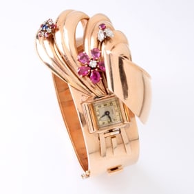 Gemstone and 14K Bracelet Watch