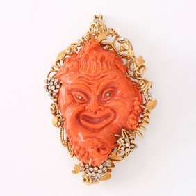 Red Coral, Diamond and 18K Brooch