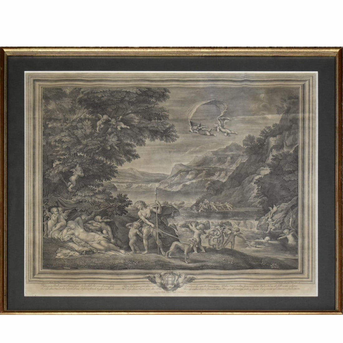 After Francesesco Albani, Bologna (1578-1660): After Francesesco Albani, Bologna (1578-1660) "Venus and Adonis at the Forge of Vulcan" Etching. 18th century, Image area measures: 23" high, 26" wide, frame measures: 27-1/2 inches high, 30-1/2" wide