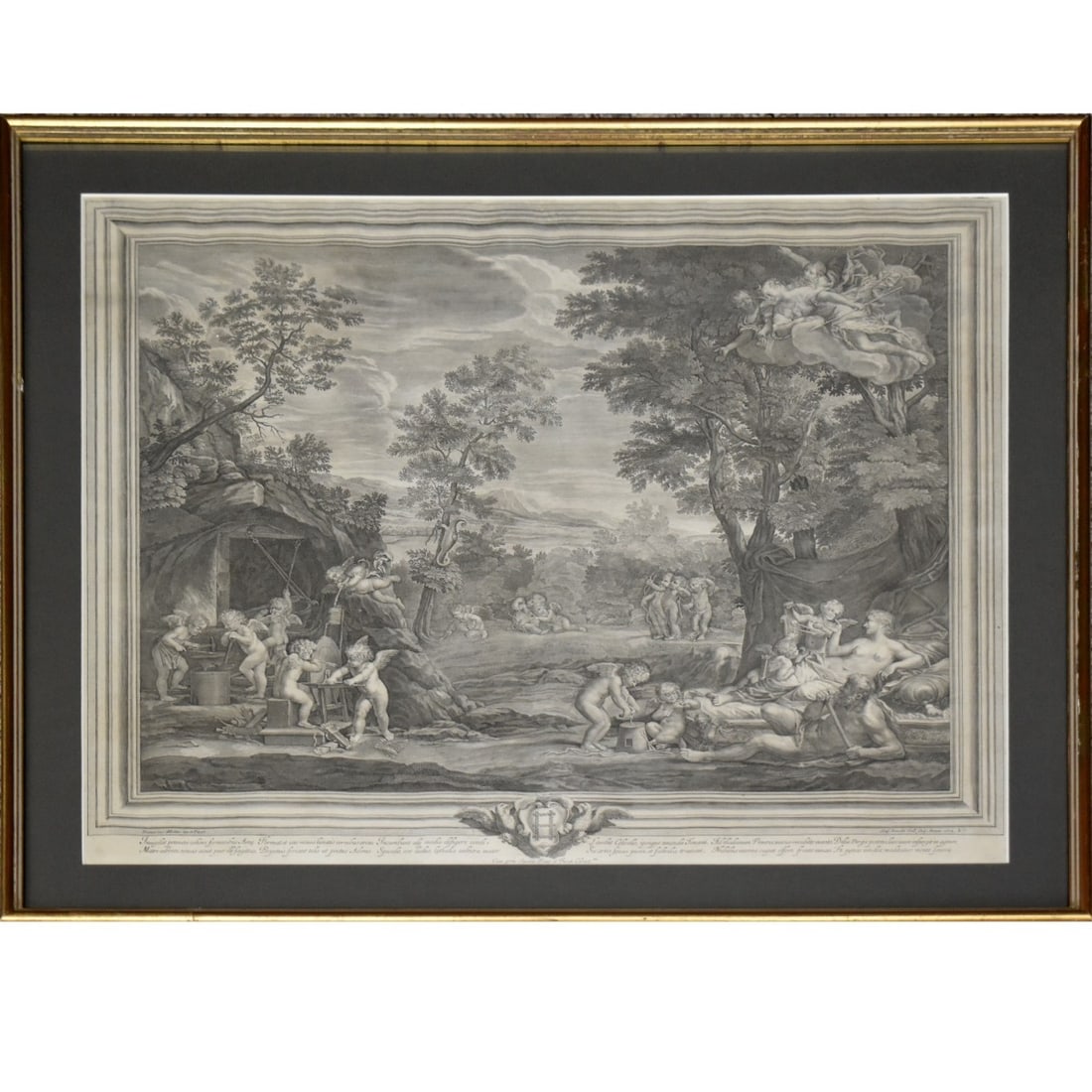 After Francesesco Albani, Bologna (1578-1660): After Francesesco Albani, Bologna (1578-1660) "Loves Mke Weapns Under the Guilance of Venus" Etching. 18th century, Image area measures: 23" high, 26" wide, frame measures: 27-1/2 inches high, 30-1/2"