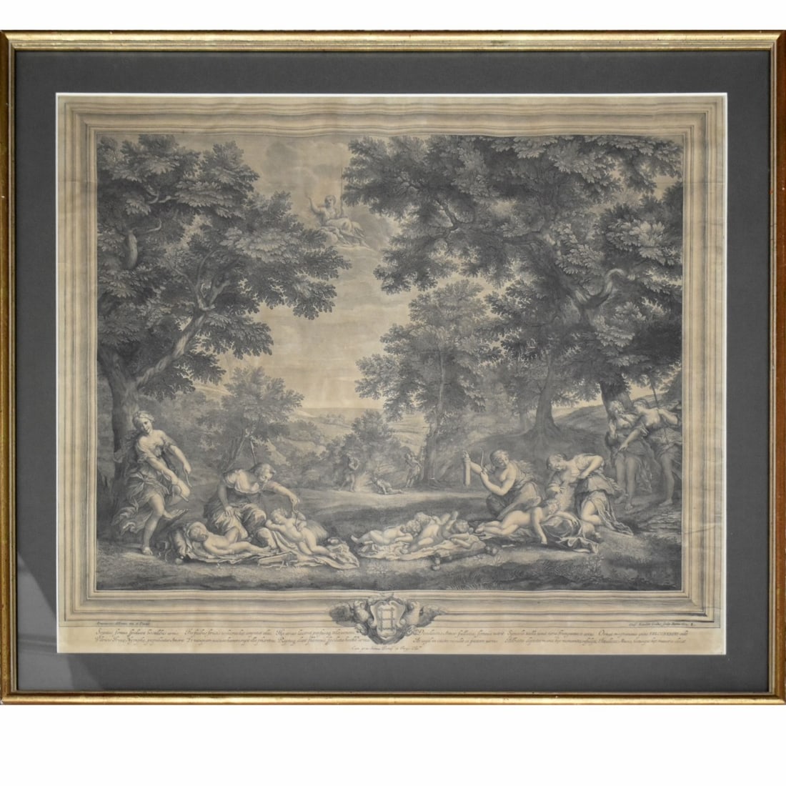 After Francesesco Albani, Bologna (1578-1660): After Francesesco Albani, Bologna (1578-1660) "Diana's Nymphs Strip Their Love Ones of Weapons" Etching. 18th century, Image area measures: 23" high, 26" wide, frame measures: 27-1/2 inches high, 30-1