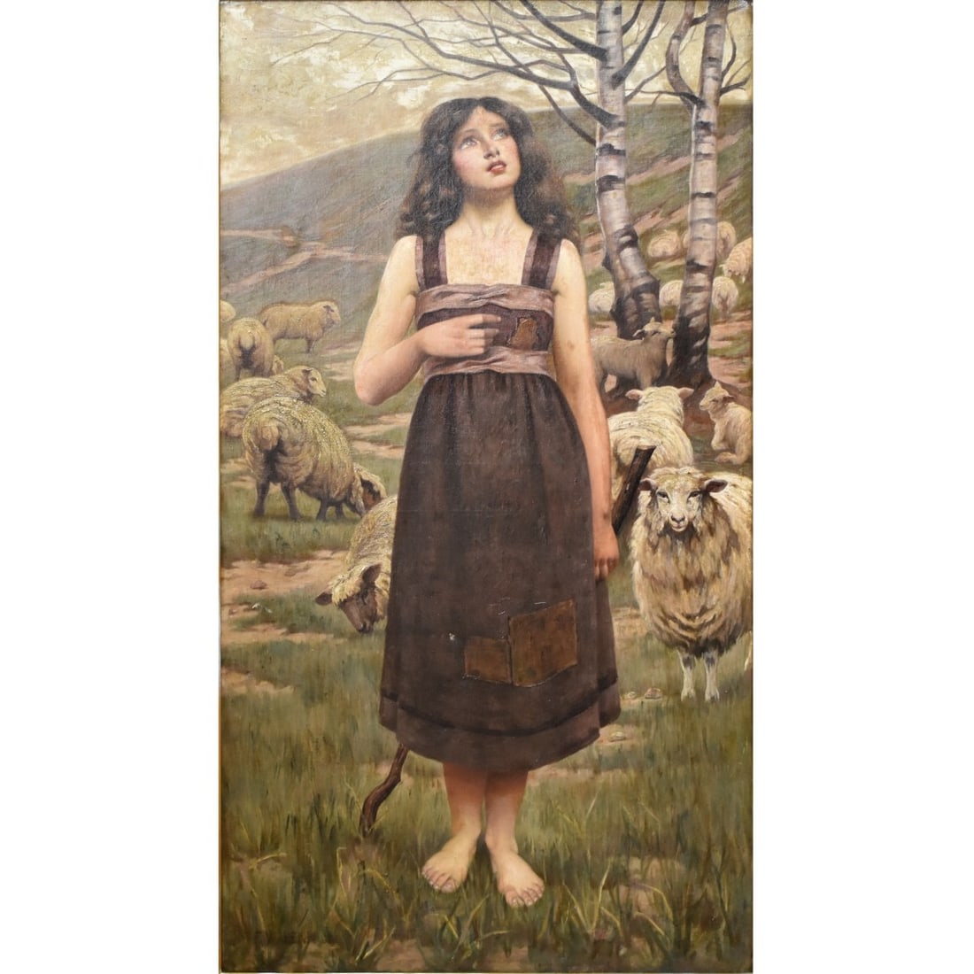 Frederick D. Walenn, British (1869-1933): Frederick Dudley Walenn, British (1869-1933) "Shepherdess" Oil on Canvas. Signed and dated bottom left hand corner. Image area measures: 49" high, 25" wide, frame measures: 56" high, 32" wide. A porti