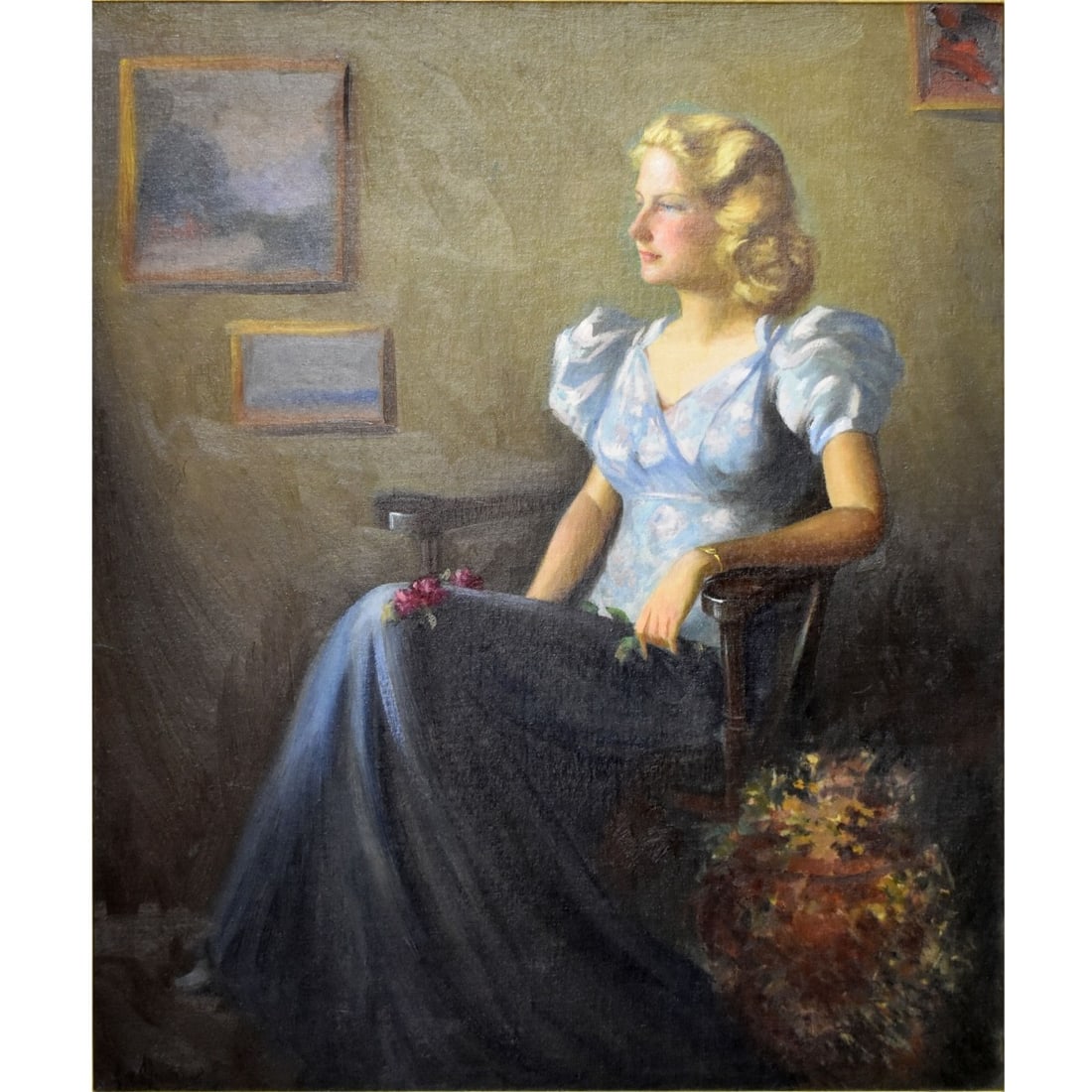Portrait of a Blond Lady: Oil on Canvas Portrait of a Seated Blond Lady in a Blue Dress. Signed bottom left hand corner. Image area measures: 29" high, 23" wide, frame measures: 36" high, 30" wide. A portion of the proceeds wi