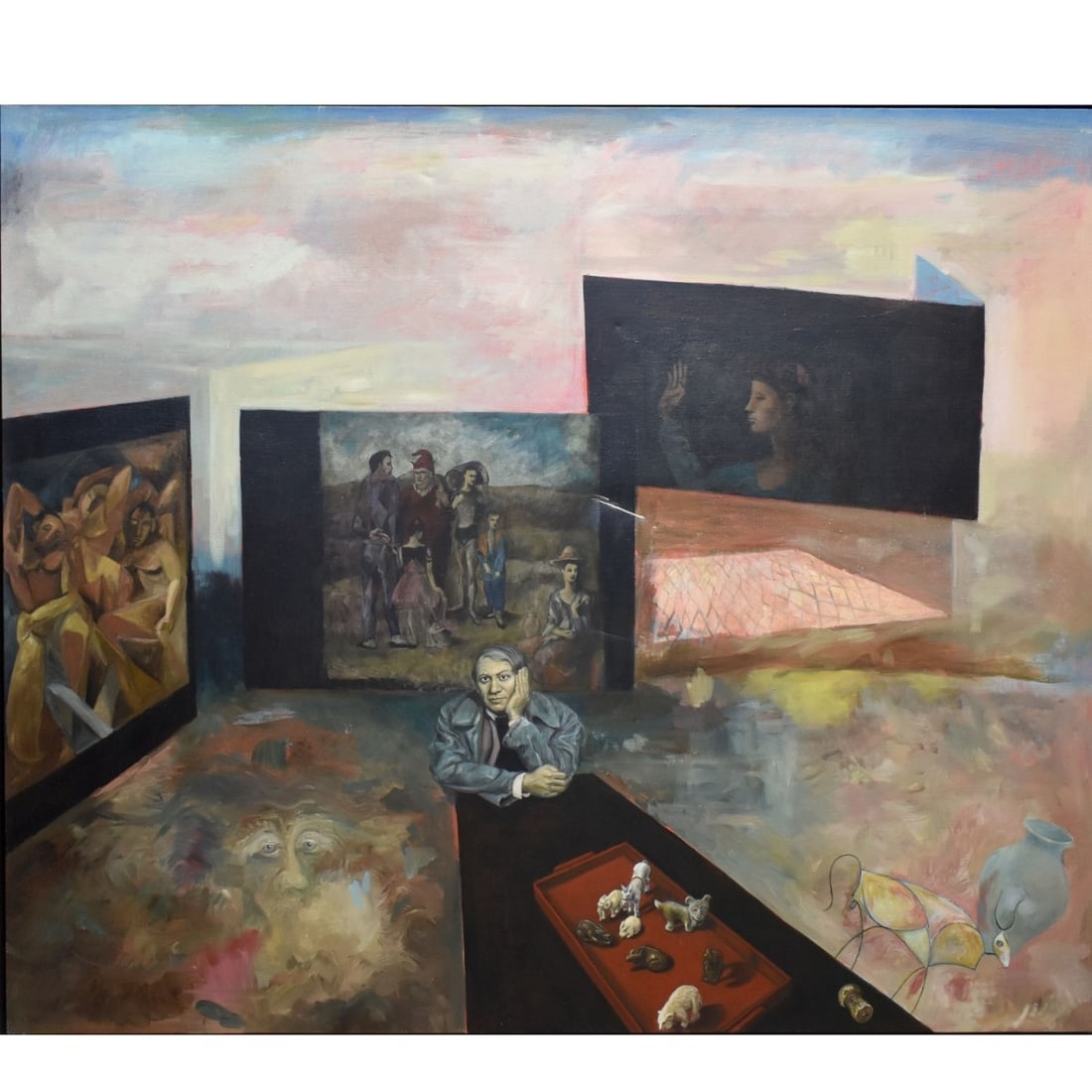 Suzanne T. White, Am. (20th C.): Suzanne T. White, American (20th Century) "Homage to Picasso" Large Oil on Canvas. Signed. Image area measures: 48" high, 56" wide, frame measures: 54" high, 62" wide. A portion of the proceeds will b