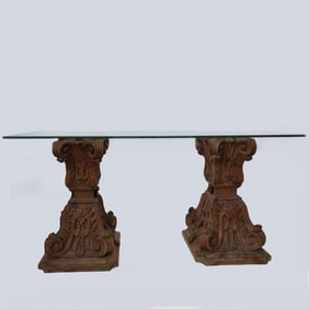 Vintage Carved Wood and Glass Console Table