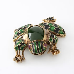Jade, Enamel and 14K Frog Brooch