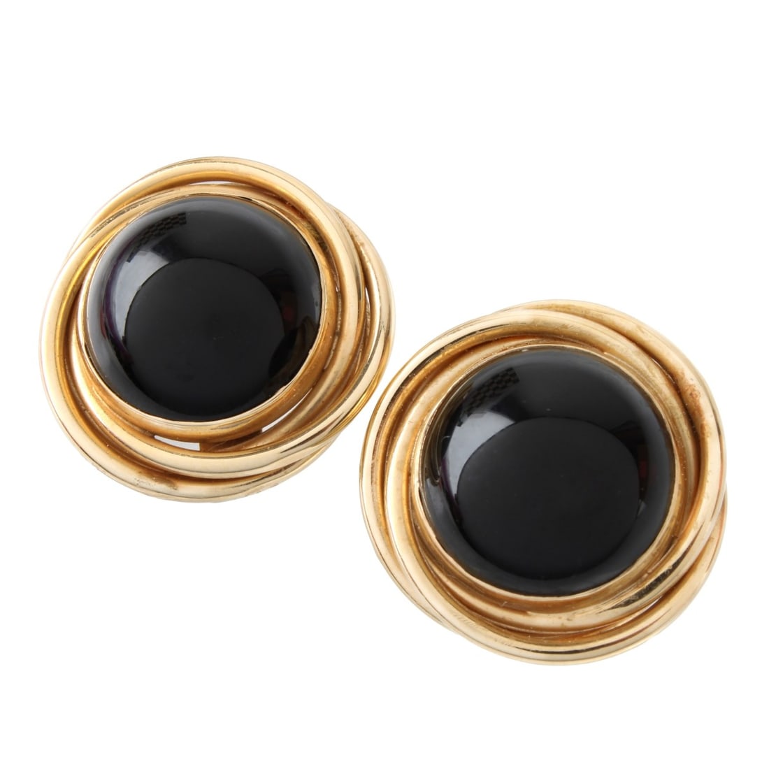 Black Onyx and 14K Earrings: Vintage Pair of Black Onyx and 14 Karat Yellow Gold Earrings. Stamped 14K. Measure 3/4" diam. Approx. total weight: 9.64 grams. Kodner Galleries offers phone and absentee bidding at a low, flat 21% bu