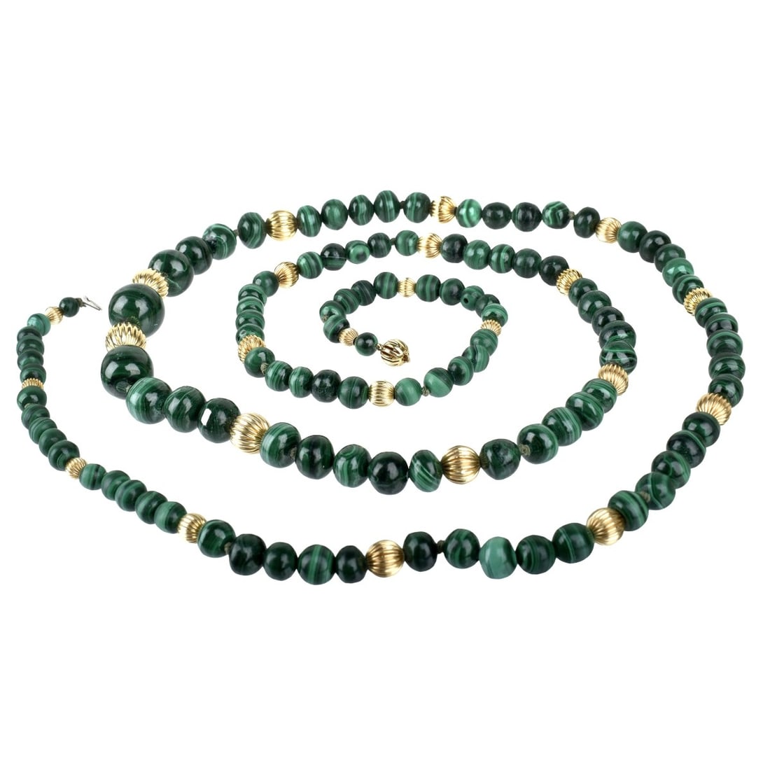 Malachite and 14K Necklace: Vintage 5.5-14.2 Graduated Malachite Bead and 5.0-9.5mm Graduated Ribbed 14 Karat Yellow Gold Bead Long Necklace. Clasp stamped 585. Measures 20" L. Approx. weight: 116.07 grams. Kodner Galleries offe