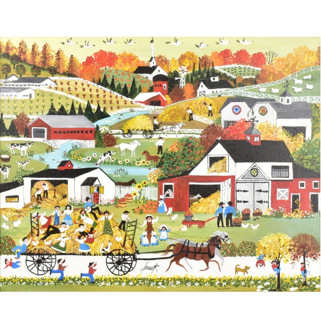 Barbara Downtain Oil on Canvas: Barbara Downtain "October Hayride" Oil on Canvas Signed Bottom Right Hand Corner, Titled and Dated "1981" to the Back. Image area measures: 15-1/2" high, 19-1/2" wide, frame measures: 23" high, 27-1/2