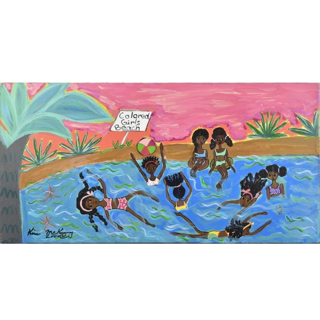 Kim McKinney Contemporary Painting: Kim Mckinney Contemporary Painting. Oil on canvas of a group of young girls playing at the beach. Signed and dated "2000" bottom left hand corner. Image area measures: 12" high, 24" wide. A portion of