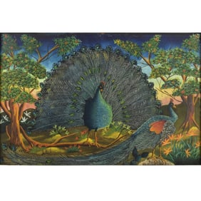 G. Abalard Oil on Panel "Peacocks"