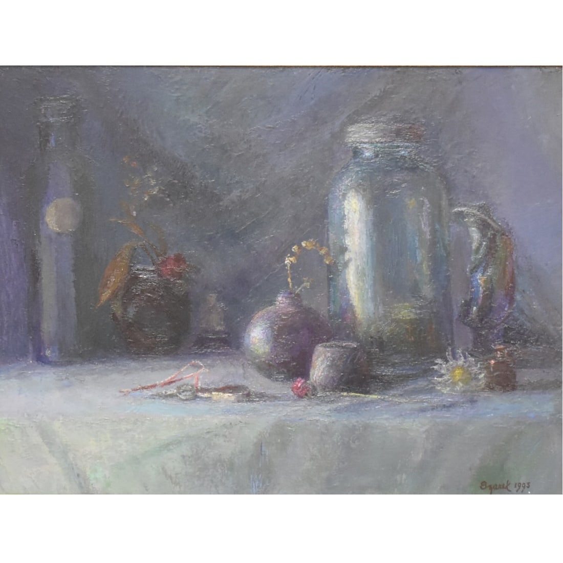 Joseph Szarek, America (20th Century): Joseph Szarek, America (20th Century) "Still Life With Jar" Requiem for Henry Mensche. Oil on panel. Signed and dated "1993" bottom right hand corner. Image area measures: 15-1/2" high, 19-1/2" wide,