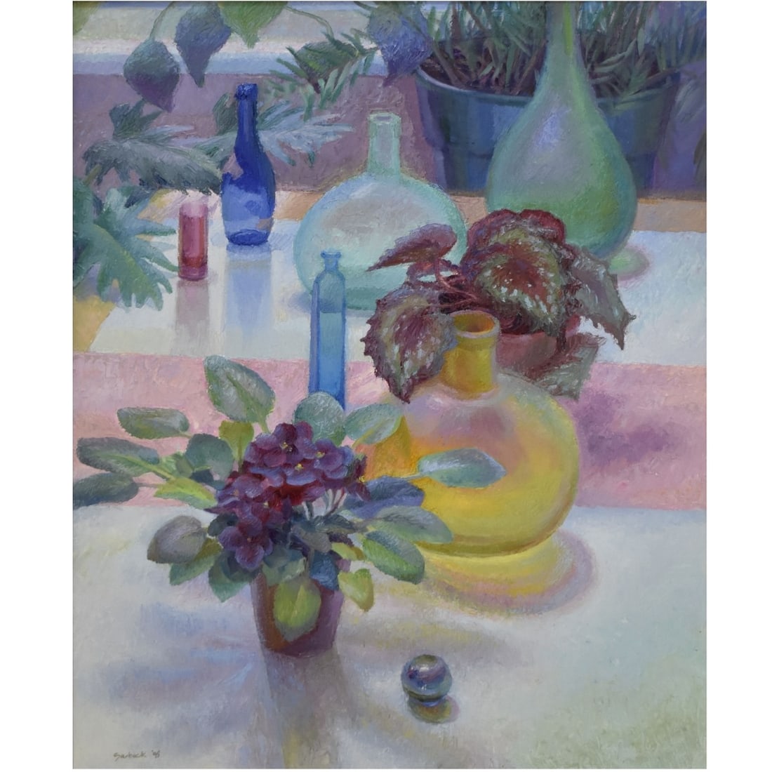 Susan Sarback, American (20th Century): Susan Sarback, American (20th Century) Still Life of Violets and Bottles Acrylic on Panel. Signed and dated "95" bottom left hand corner. Image area measures: 27" high, 22" wide, frame measures: 33" h