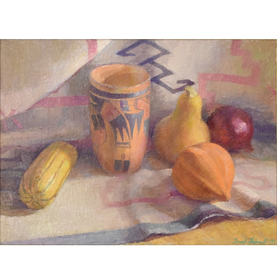 David Farrell, American (20th Century): David Farrell, American (20th Century) Western Still Life. Oil on panel. Signed and dated "93" bottom right hand corner. Image area measures: 16" high, 20" wide, frame measures: 22" high, 28" wide. A 