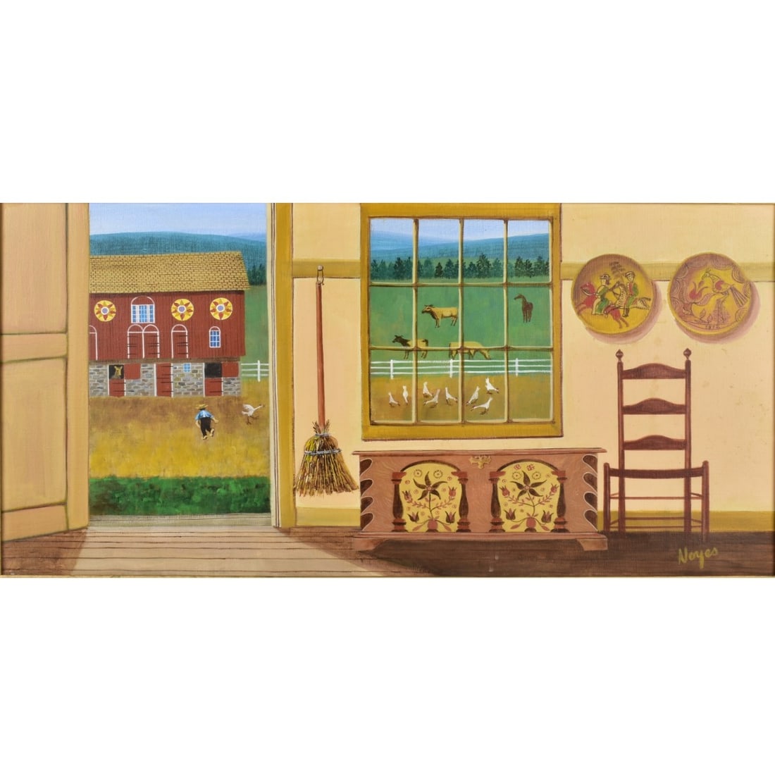 Harold Noyes, American (1911-2004): Harold Noyes, American (1911-2004) Folk Art Oil on Canvas of an interior farm house looking out. Signed bottom right hand corner. Image area measures: 15" high, 30" wide, frame measures: 22" high, 38"