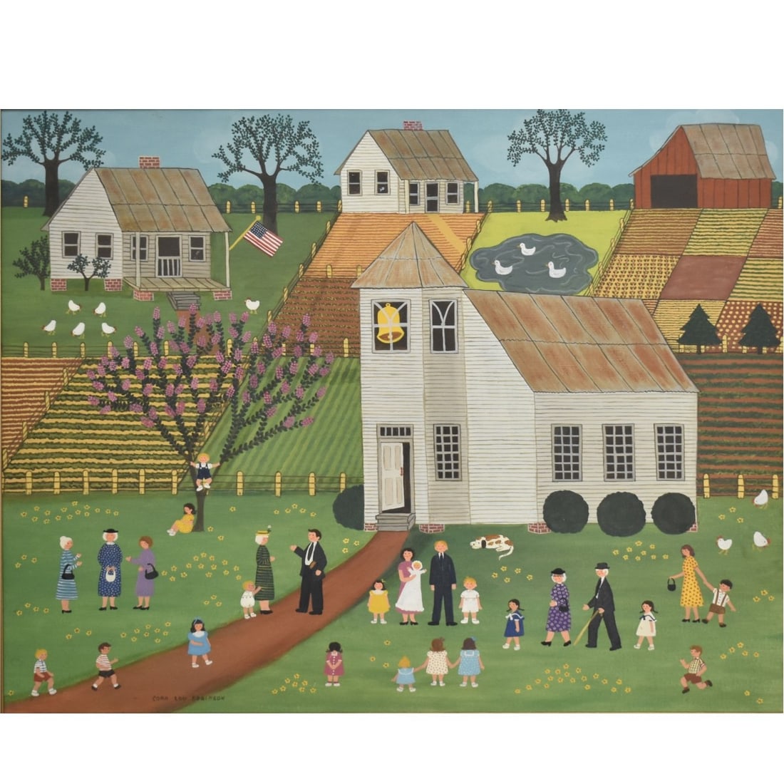 Cora Lou Robinson American (20th C.): Cora Lou Robinson American (20th Century) "The Christening" Folk Art Oil on Canvas of a Rural Church. Signed bottom left hand corner. Image area measures: 24" high, 30" wide, frame measures: 29" high,