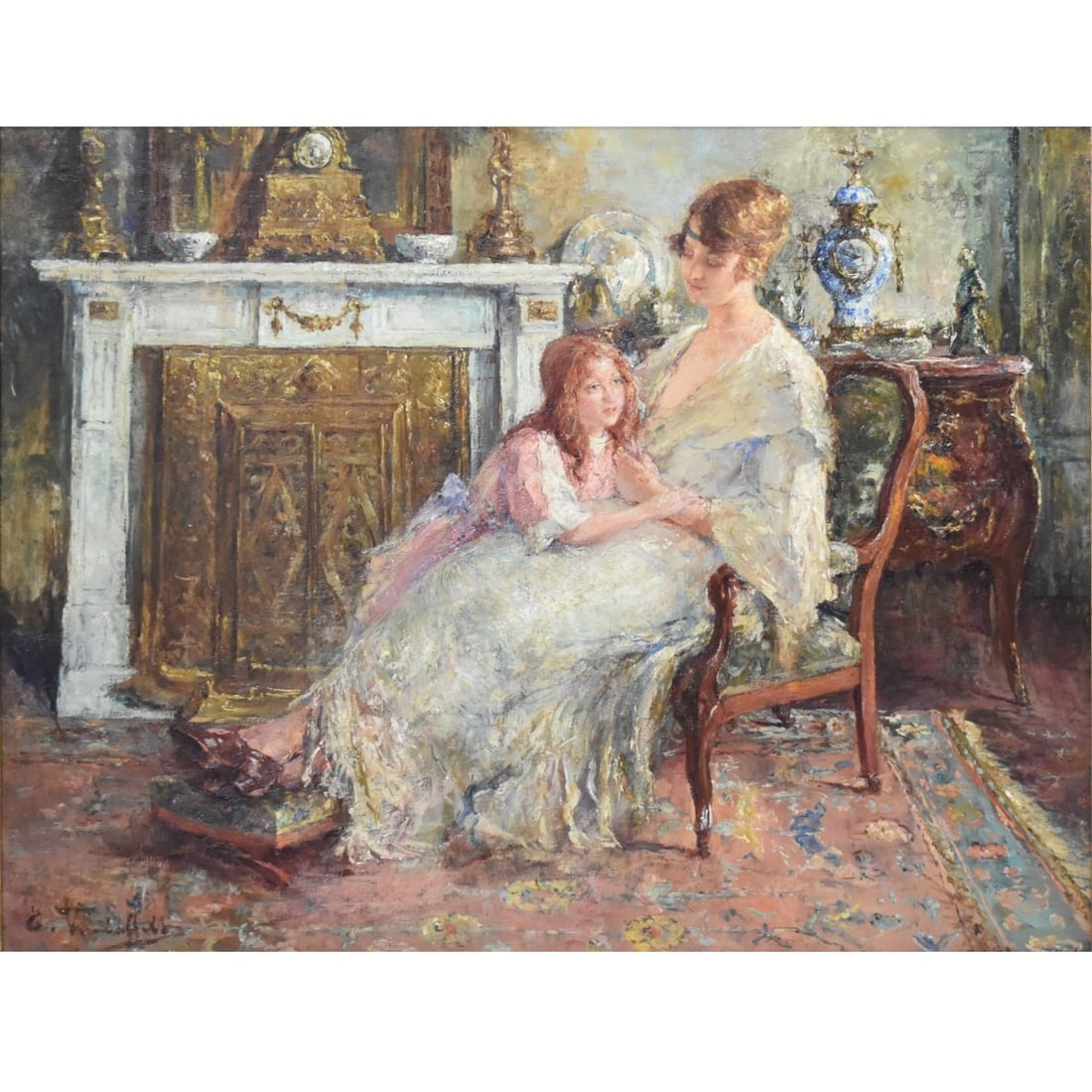 Cora Lou Robinson American (20th C.): Edward Verschaffelt, Austrian (b. 1874) "Mother and Daughter" Large Oil on Canvas. Signed bottom left hand corner as well as plaque attached to frame. Image area measures: 28" high, 35" wide, frame me