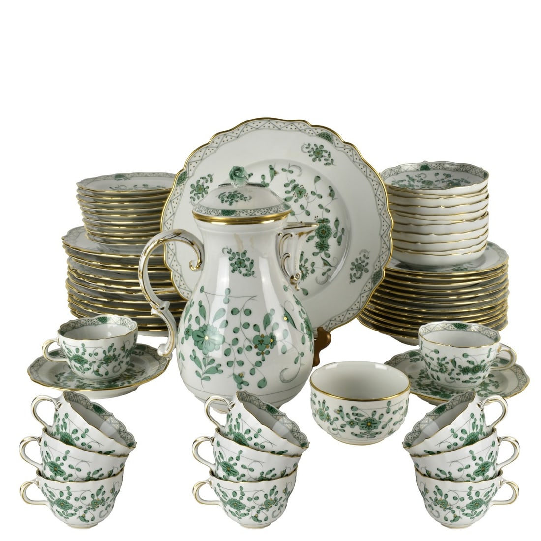 Meissen "343310" Porcelain Dinner Service: Fifty Four (54) Piece Meissen "343310" Porcelain Dinner Service. Includes: (12) plates measuring 10-3/4", (12) salad plates measuring 8", (7) bread plates, (12) cups with (10) saucers, coffee pot with