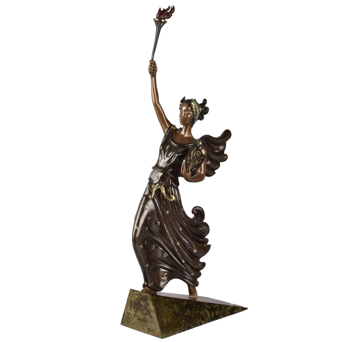 Romain (Erte) de Tirtoff, Russian (1892-1990): Romain (Erte) de Tirtoff, Russian (1892-1990) "Liberty, Fearless and Free" Cold Painted Bronze Sculpture of a Standing Female Figure Having Parcel Gilt Accents with Arms Outstretched Holding a Flame.