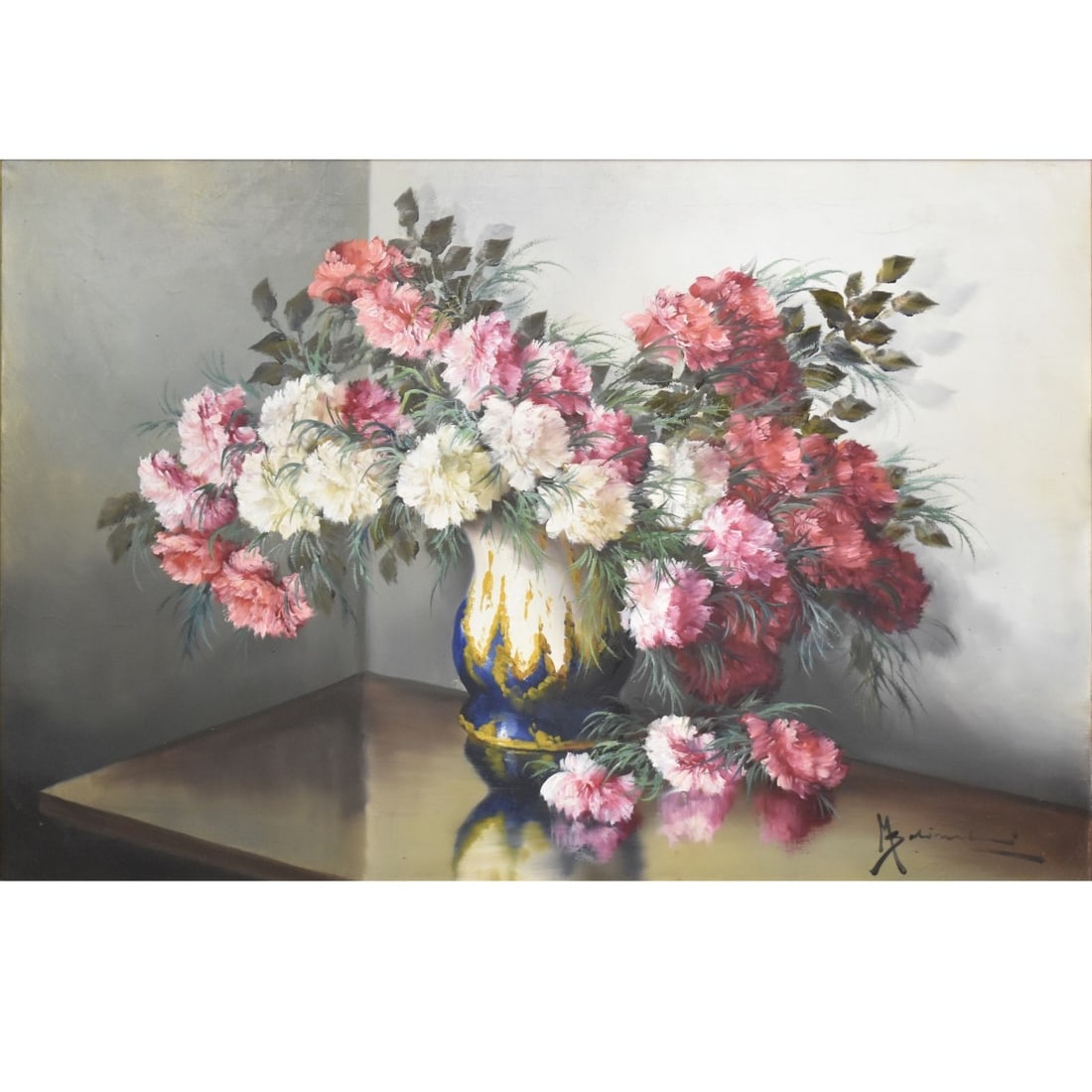 Large Oil on Canvas Still Life: Large Oil on Canvas Floral Still Life of a Large Bouquet of Flowers arraigned in a Vase Set on a Table. Artist signed bottom right hand corner, measures: 26" high, 39" wide, frame measures: 32" high,